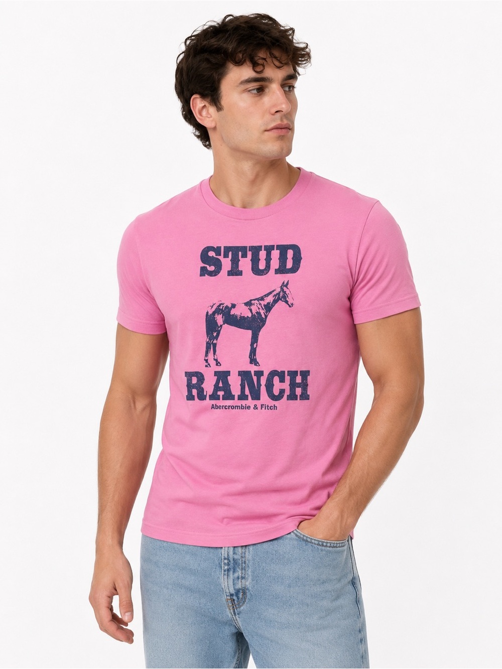 Abercrombie & Fitch Vintage Y2K Pink Tee with Navy 'Stud Ranch' Graphic